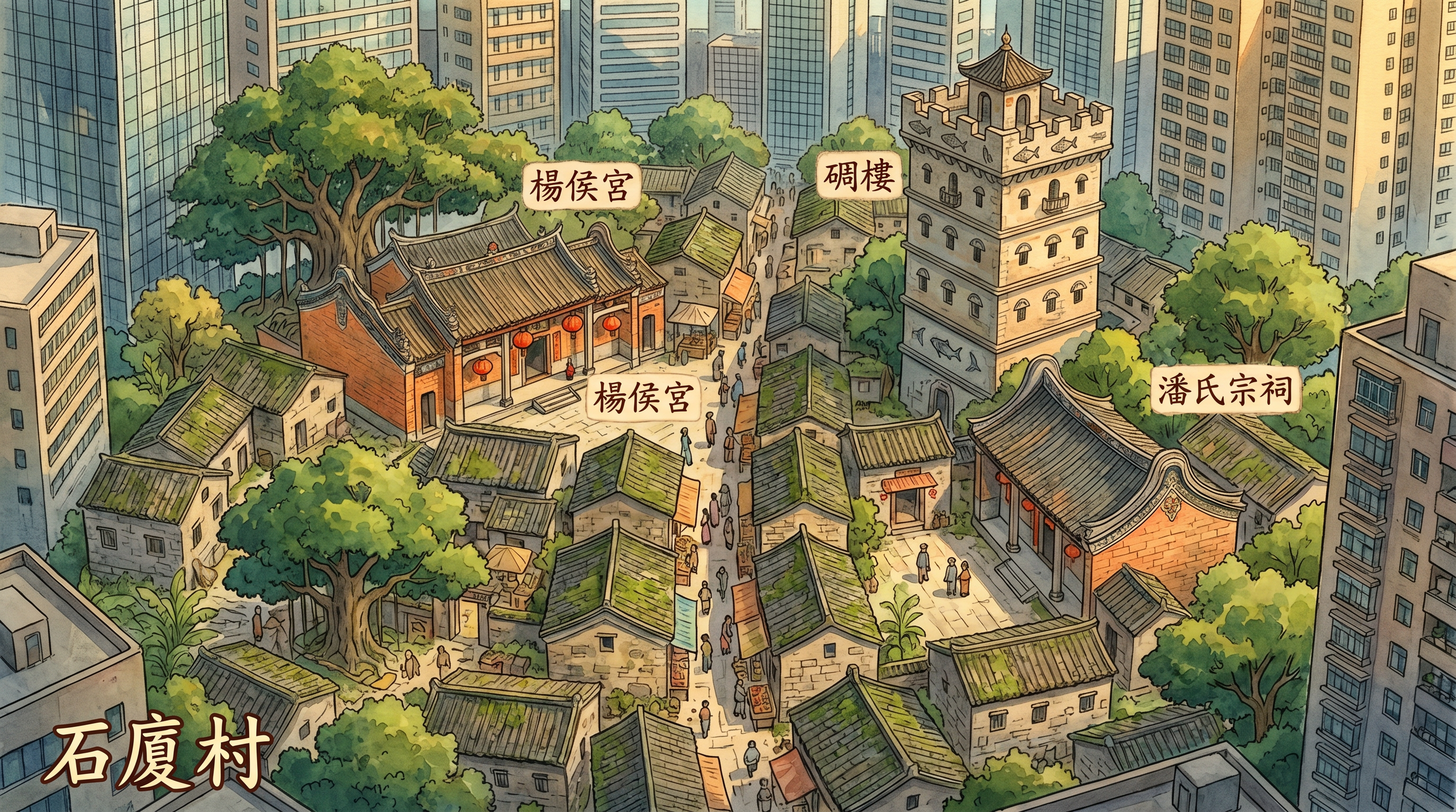 石廈村宮崎駿風格鳥瞰插畫